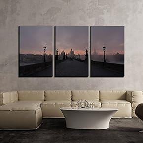 3 Piece Canvas Wall Art - Ancient Road with Street Lamp and Statue at Dim Evening - Modern Home Art Stretched and Framed Ready to Hang - 16"x24"x3 Panels