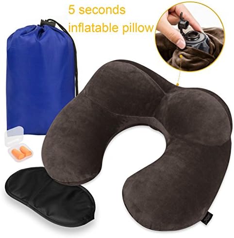 LIANSING Soft Velvet Inflatable Travel Pillow for Airplanes with Free Ear Plugs, Eye Mask and Drawstring Bag ( Brown)