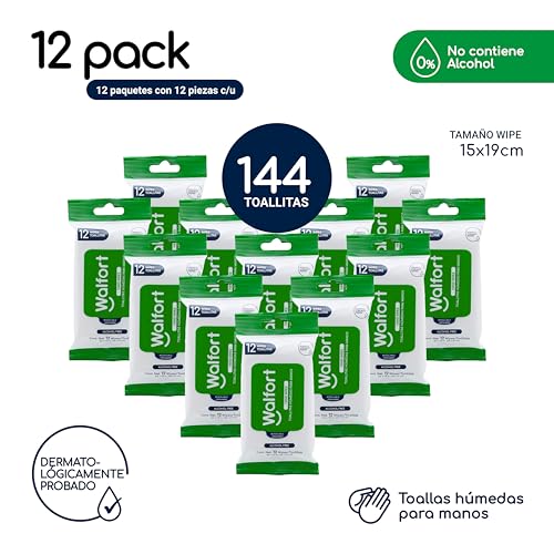 Walfort | Toallitas Húmedas para Manos. Tela Reforzada. Limpieza sin irritación. 12 Pack de 12 Unidades c/u. Uso Diario.