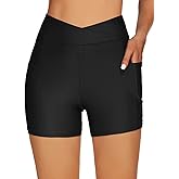Tournesol Women's 4" Swim Shorts High Waisted Swimsuit Bottoms Cross Waist Bathing Suit Swimwear Boy Shorts with Pocket