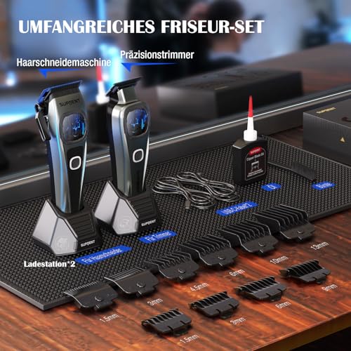 SUPRENT Men's Professional Hair Trimmer - Titanium-Coated Fade Blade, Adjustable Zero-Gap T-Blade, 5 Length Levels, Magnetic Guide Combs, 2500 mAh Battery & Type-C Charging Station