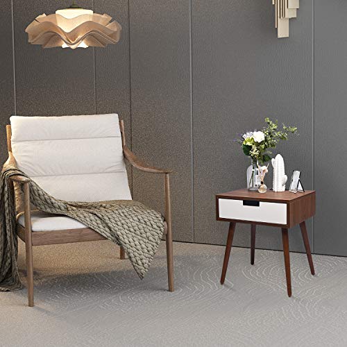 Nightstand End Table with Drawers Storage, Frylr Bedside Table Latest with 2 Power Sockets and 2.1A USB Charging Ports Design for Living Room Sofa, Light Walnut and White - Thumbnail 3