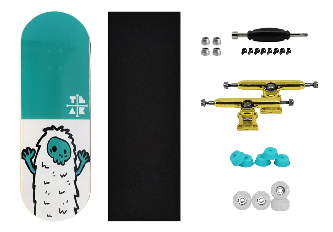 Teak Tuning 32mm Pro Fingerboard Heat Transfer Graphic Complete - Fully Assembled with Pro Level Parts - Pro Shaped Wood Deck (34x97mm), UltraSpin Wheels, Prodigy Trucks - Teal Yeti