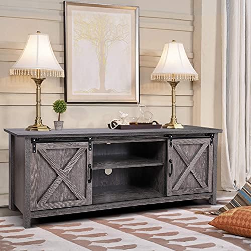 JAXPETY Wooden Farmhouse Style 58 Inch TV Stand Storage Shelves