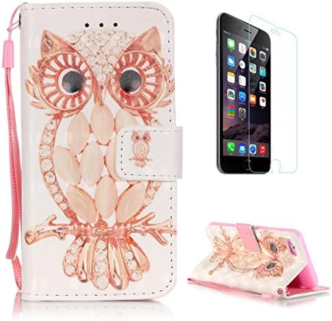 Apple iPhone 7 Plus Wallet Case [with Free Screen Protector],CasesHome Stylish 3D Pattern Magnetic Wrist Strap Built-in Soft Rubber Bumper Flip Leather Holster - Owl and Diamond