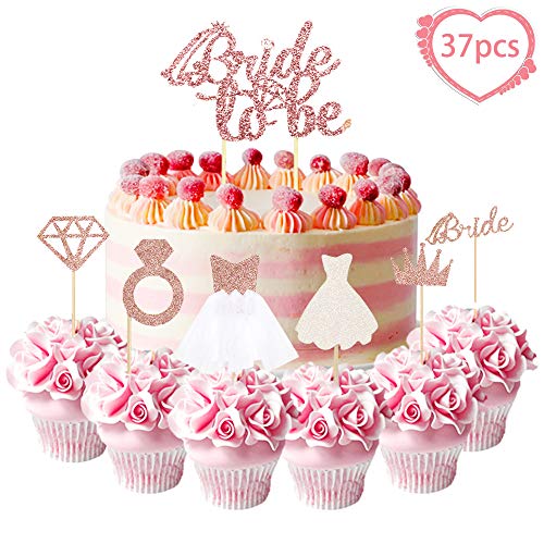 Bride to be Cake Topper Diamond Ring Wedding Dress Cupcake Toppers for Bridal Shower Decorations, Rose Gold Wedding Engagement Party Cake Decorations,37 Pcs