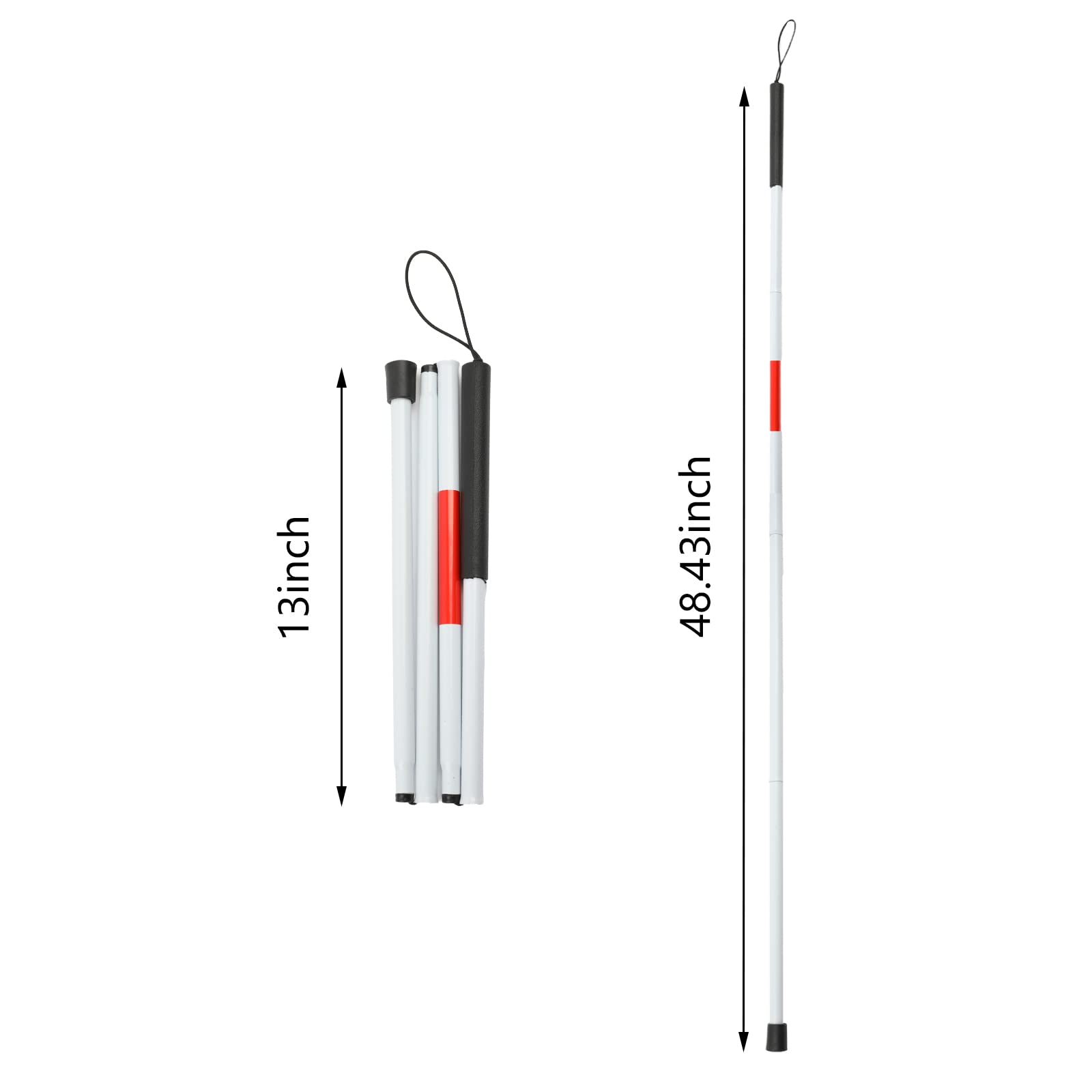 Folding Blind Cane Walking Stick with Red Reflective Tape for The Blind and Visually Impaired People,48 inch Collapsible Non-Slip Aluminum Cane