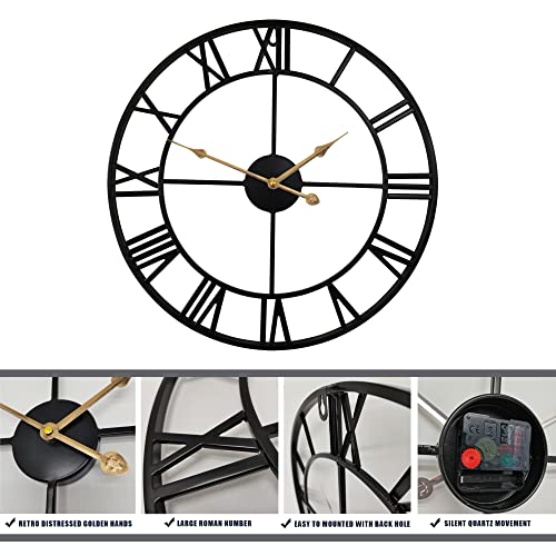 Qukueoy 16 Inch Large Metal Wall Clock Home Decorative Industrial Clocks with Big Roman Numerals,Retro Oversized Clock for Living Room Decor,Battery Operated(Black-Roman)