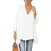 Aoysky Womens Oversized T Shirts Button Down Long Sleeve Shirt V Neck Collar Loose Flowy Blouse