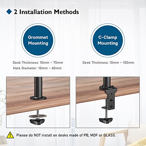 BONTEC 2 Screen PC Monitor Stand for 13-32 Inch Monitors, Height Adjustable PC Monitor Arm, Rotatable and Swivel, Tilt, Maximum Load of 10 kg per arm, 2 Mounting Options, VESA 75/100