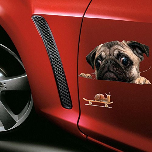 YOUNGFLY 3D Pug Dogs Watch Snail Car Window Decal Cute Pet Puppy Laptop Funny Sticker
