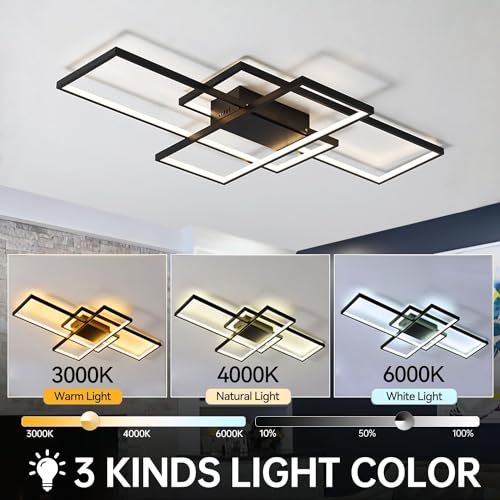 ASJK Ceiling Light Living Room 60 W Modern LED Ceiling Light Square 3000 K 6000 K Geometric Multifunctional Ceiling Lighting with Remote Control for Living Room (80 cm, Black)