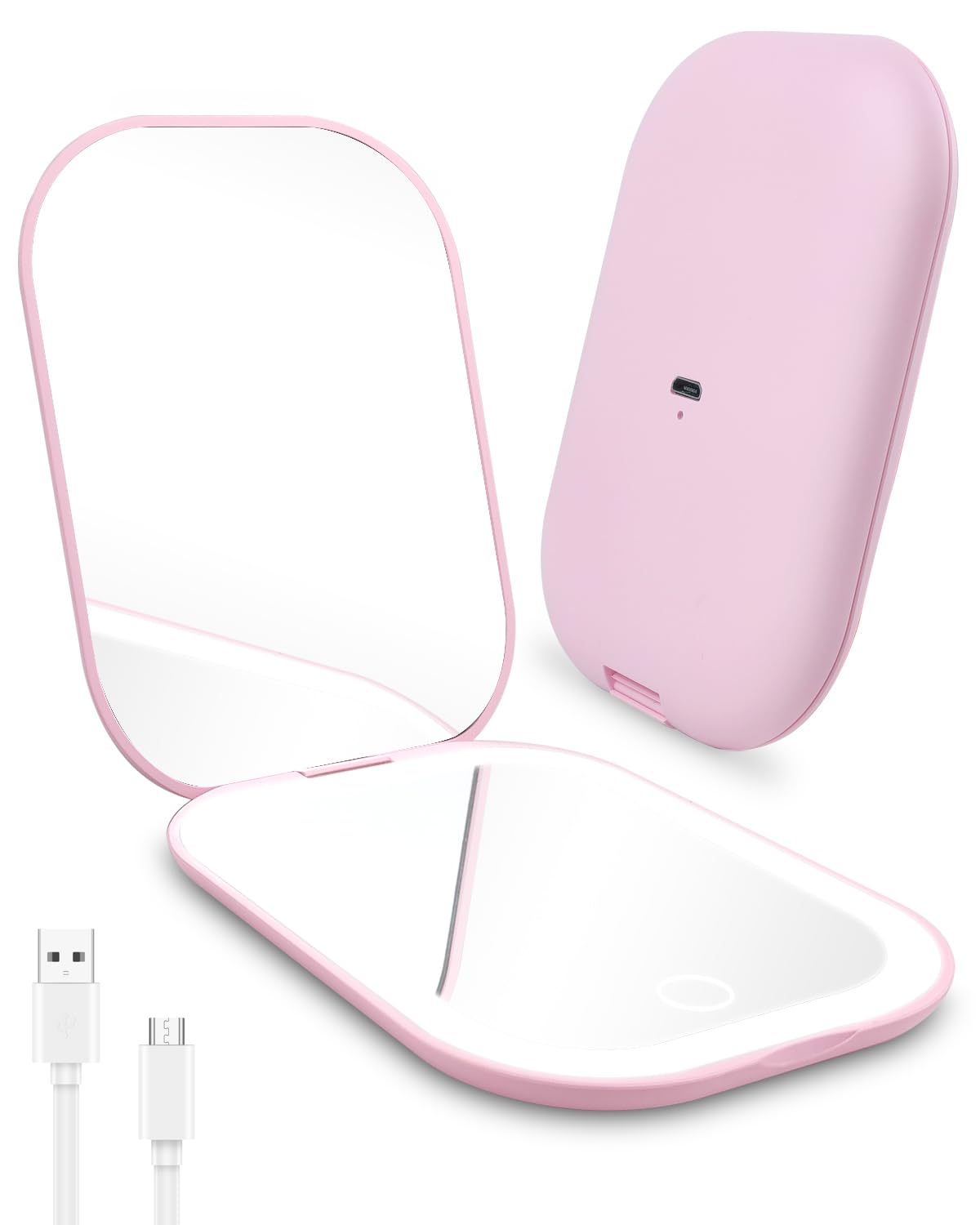 Rantizon Rechargeable Compact Mirror, Portable Led Travel Makeup Mirror Charging Pocket Handbag Mirror 1X/2X Magnification 3 Light Modes for Women Teenage Girls Gift Sets Pink