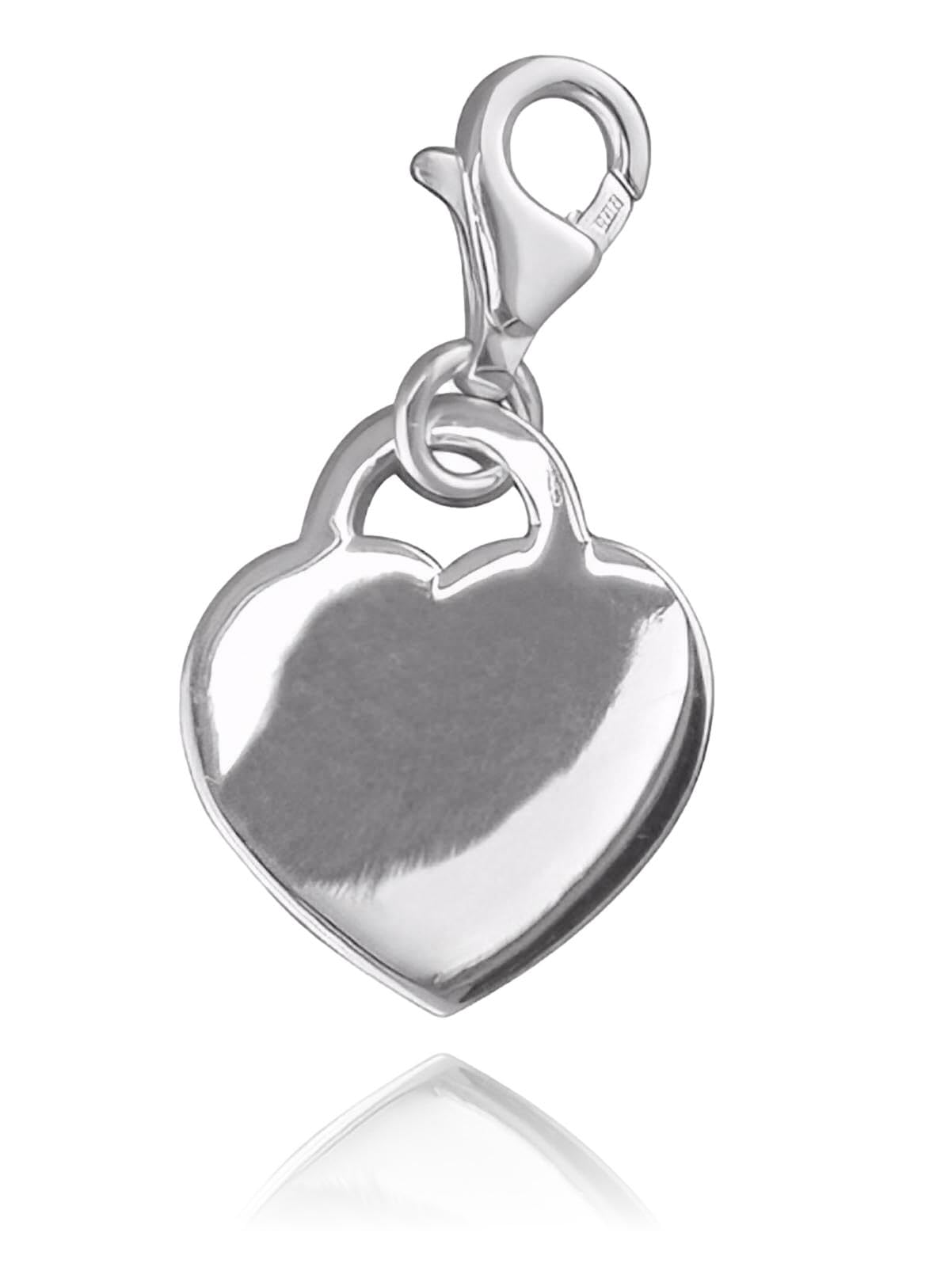 Flat Heart Tag Engravable Sterling Silver Clip On Charm Pendant with Lobster Clasp for Women - Compatible with Thomas Sabo Charms Bracelet - Women's Clasp Charms