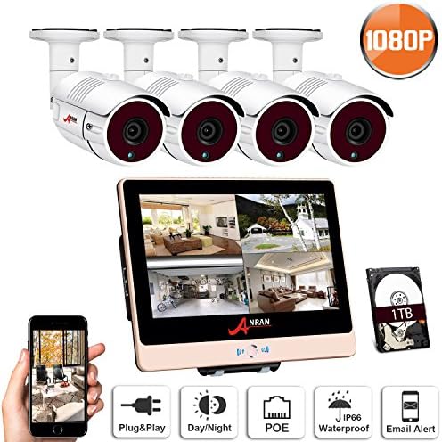 SW SWINWAY ANRAN POE Surveillance Video Security System, Power over Ethernet Camera System 8Channel 12inch LCD Monitor NVR 4 Packs Waterproof Cameras 1TB Hard Drive Plug and Play, Easy Remote Viewing