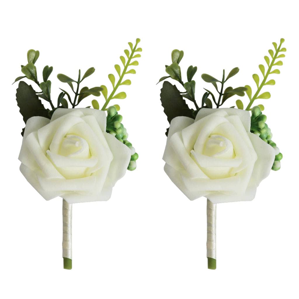 Fenteer 2Pcs Boutonniere Buttonholes Groom Wedding Flowers Party Prom Suit Decoration - White