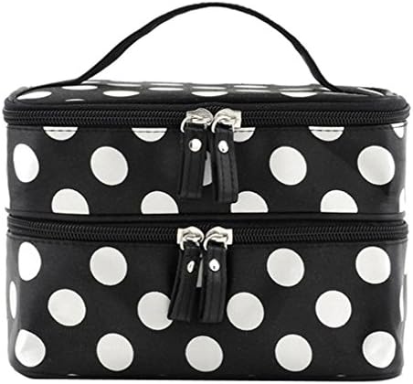 Women Cosmetic Bag Portable Travel Toiletry Bag Dot Double Layer Makeup Organizer Case with Mirror (Black)