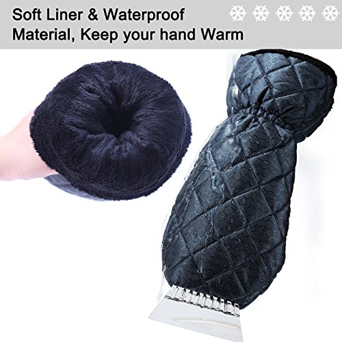 Ice Scraper Mitt For Car Windshield Snow Scrapers with Waterproof Glove Lined of Thick Fleece + Carry Pouch (Black)
