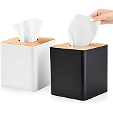 RETON 2 Pack Square Tissue Box Cover with Bamboo Top Plate (Black+White) | Plastic Tissue Holder with Bamboo Cover, Cube Paper Organizers for Home Decor, Office, Living Room and Nightstand Surface