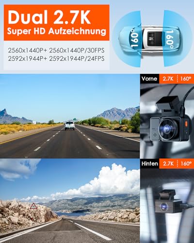 VANTRUE E2 2.7K+2.7K Car Dashcam Front and Rear 5GHz WiFi GPS Dual 1944P Wireless and Voice Control, Parking Mode Pre-Recording, WDR Night Vision 2.45 Inch 160° Max 512G