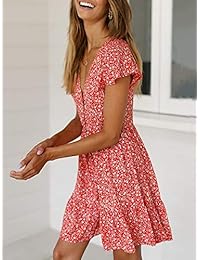 Valphsio Vestido de cuello en V Boho para mujer, con estampado floral, abotonado en una línea, vestido corto con volantes en el dobladillo