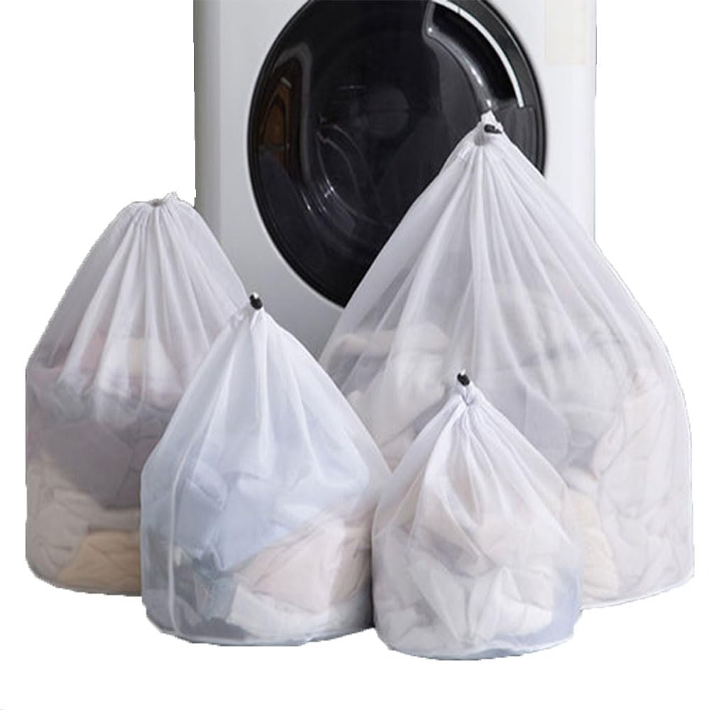 4 Pcs Mesh Laundry Bags Drawstring Washing Bags Mesh Wash Bags Washing Machine Bags Reusable Drawstring Laundry Bags Washing Machine Fine Mesh Bag for Delicates Garments Lingerie Socks