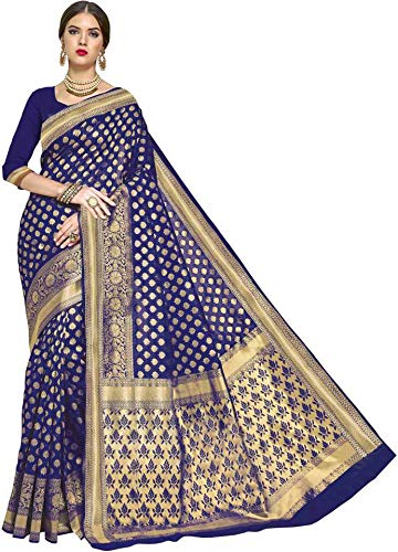 Womens Kanchipuram Art Silk Saree With Blouse Piece (Navy Blue)