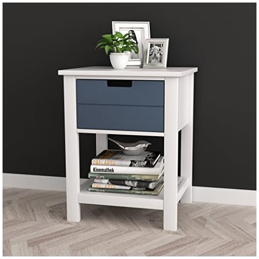 White Grey Finish Two Tone Modern Mid Century Style Nightstand Side Table With Drawer And Shelf Beachfront Decor