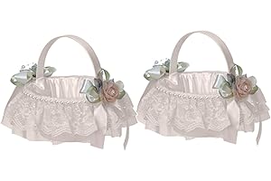 YUUDAR 2PCS Wedding Flower Girl Baskets,Cute Handle Flower Girl Basket White Flower Basket for Wedding Decoration (Polyester)