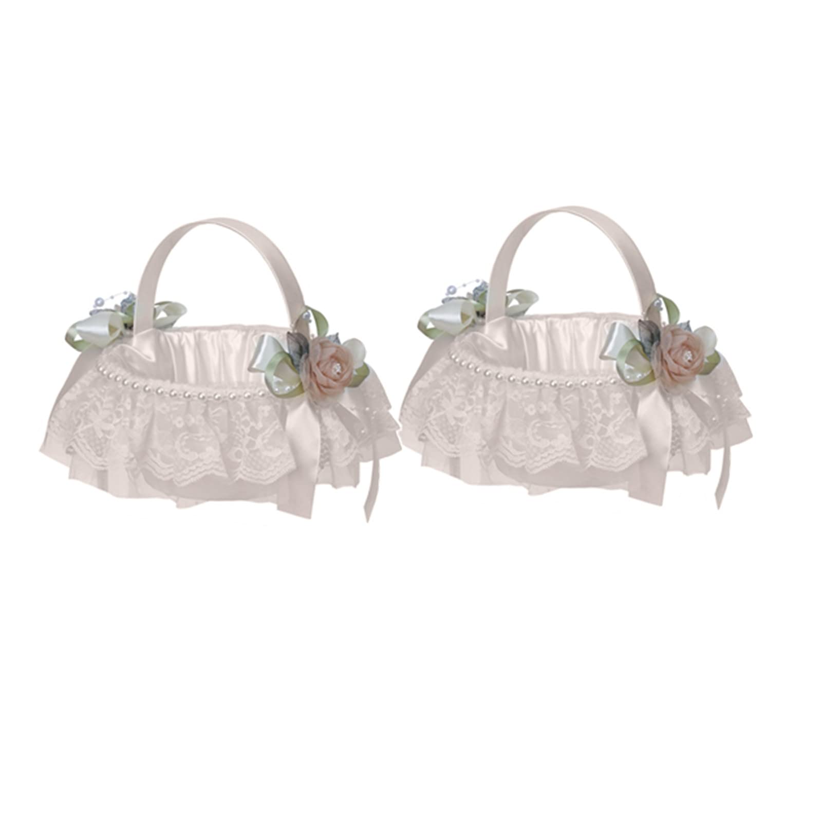 Photo 1 of 2PCS Wedding Flower Girl Baskets,Cute Handle Flower Girl Basket White Flower Basket for Wedding Decoration (Polyester)