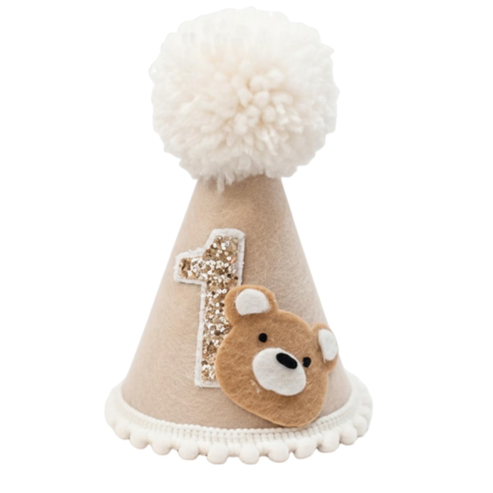 Zczfv 1st Birthday Hat Baby Party First Birthday Cone with Elastic Cord, Boho First Birthday Hat Ball Trim & Pom Top 1st Birthday Crown for Girls Boys (Glitter Brown)