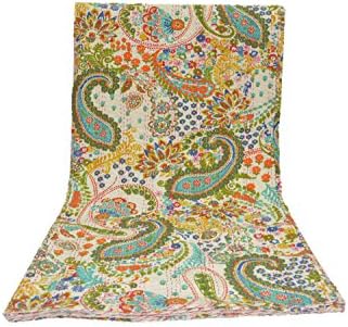 Sophia-Art White Multicolor Paisley Print Queen Size Kantha Quilt, Kantha Blanket, Bed Cover, King Kantha Bedspread, Bohemian Bedding 90x108 Inch