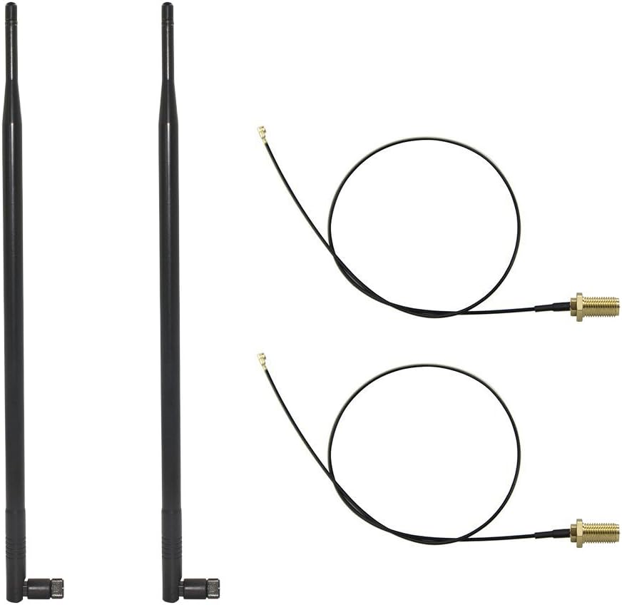 HUACAM 9dBi Omni WiFi Antenna with RP-SMA Connector for Wireless Network Router/USB Adapter/PCI PCIe Cards/IP Camera/Wireless Range Extender+ 2 xU.FL Mini PCI to RP-SMA Pigtail Antenna WiFi Cable