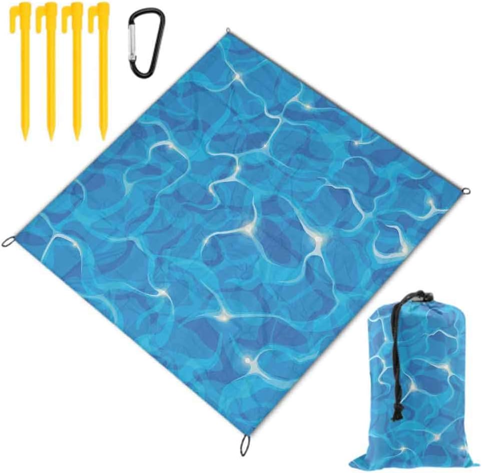 SCOCICI1588 Sand Free Beach Blanket, Waterproof Pocket Beach Mat, 57 x 59 INCH Vivid Water