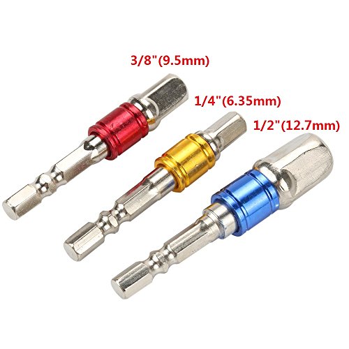Ginode 3 PCS 1/4" 3/8" 1/2" Hex Shank Square Nut Driver Power Drill Bit Extension Socket Adapter Set + 105 Degree Right Angle Driver Angle Extension Power Screwdriver Drill Attachment