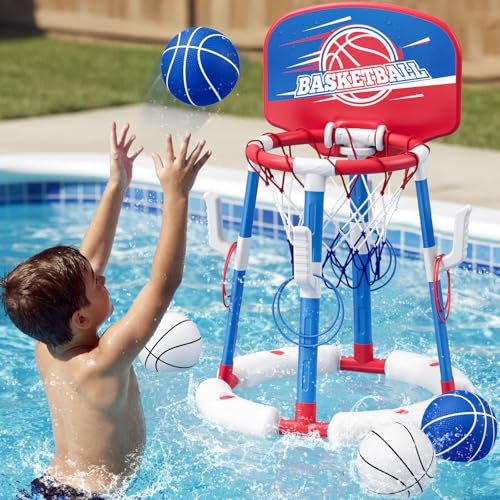 2 in 1 Pool Basketball Hoop Set with Backboard & Ring Toss Game, Floating Water Basketball Game with 4 Balls, 8 Rings & Pump, Summer Outdoor Swimming Pool Toys Gifts for Adults Kids Teens, Red