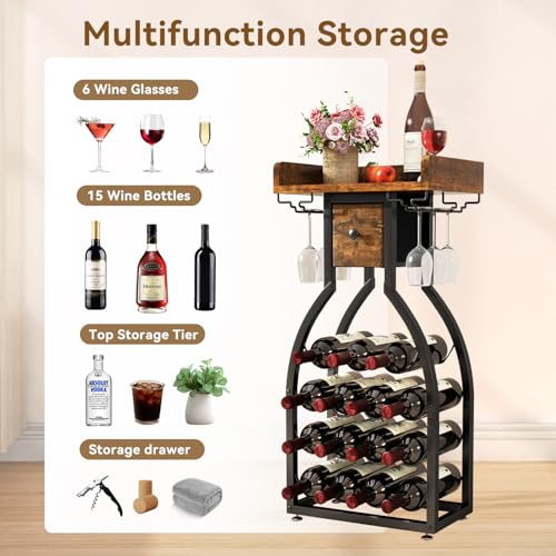 IBUYKE 15 Bottle Freestanding Wine Rack with Glass Holder and Storage Drawer, Mini Shelving Unit for Kitchen, Bar and Dining Room, Rustic Brown TMJ908H