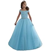Junguan Girls' Off The Shoulder Pageant Dresses Tulle Aline Princess Prom Dress Formal Ball Gowns TF017