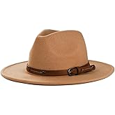 ASTRQLE Retro Wide Brim Fedora Hat with Rivet Belt Felt Panama Hat Trilby Fedora Hat Jazz Hat Cap(Khaki)