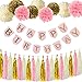 Paxcoo Pink and Gold Happy Birthday Banner with Tissue Paper Pom Poms Tassel Garland for Party Decorations