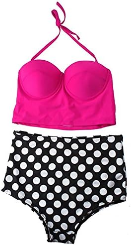 Labaqiangj Bikini Fashionable Women Vintage High Waist Bikini Swimsuit Swimwear Top+Polka Bottom PinkX-Large