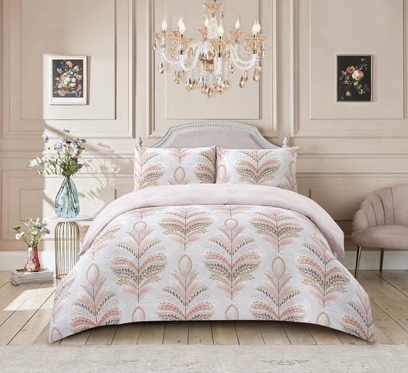 3-Piece Jasmine Pink Duvet Cover Set Single 135 x 200 cm - Hotel Quality Soft Microfiber Quilt Cover with Fitted Sheet for Bedroom - Printed Bedding Set with 1 Pillow Sham