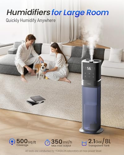YOKEKON Humidifiers for bedroom,8L Humidifiers for Large Room,Ultrasonic Cool Mist Air Humidifier,Top Fill,5 Ambient Lights, Extended Tube, 360°Nozzle,Oil Diffuser, Humidity Control,12H Timer,Blue