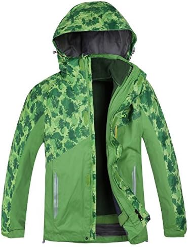 Jingle Bongala Boys Girls 3-in-1 Outdoor Waterproof Windproof Jacket Moutain Hiking Ski Jackets Hooded Coat With Fleece Liner-Green-XXL