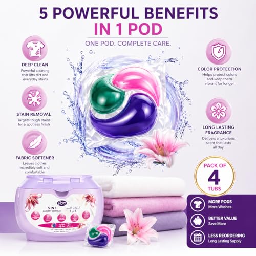VON 5 in 1 Laundry Pods 18 Count Pack of 4 – 72 Pods Total | Powerful Laundry Detergent Liquid Capsules with Deep Clean, Stain Removal, Softener, Color Protection & Long Lasting Lily Scent Freshness