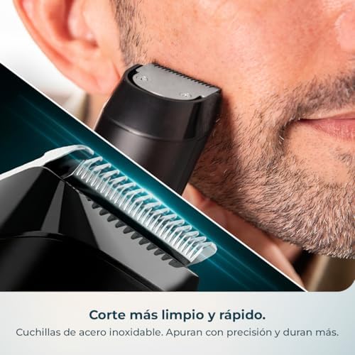 Recortadora de Barba PrecisionCare Barber Elite. Barbero con Cuchillas de Acero Inoxidable, Autonomía 120mins, Corte Preciso, 2 Peines 1-8mm y 9-16mm, Pantalla, IPX6, Carga Rápida