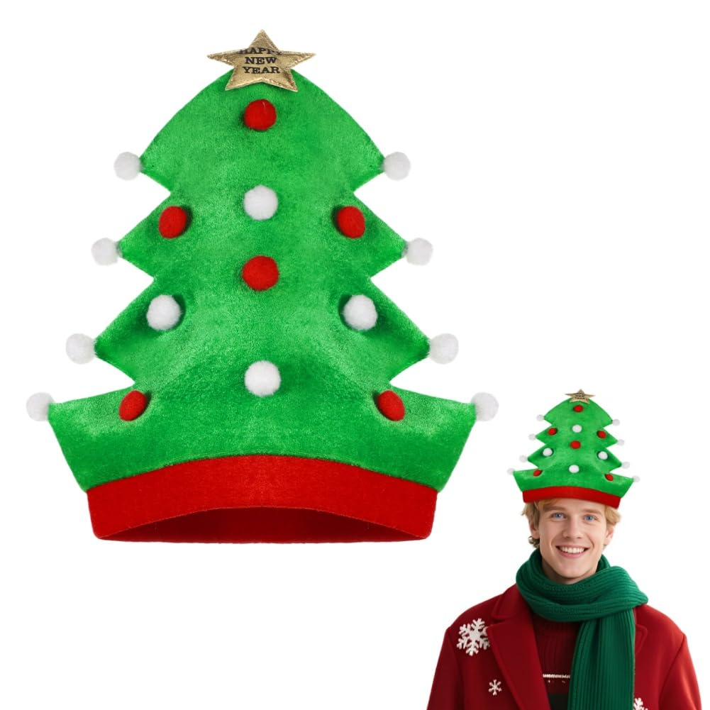 SIQITECHUK Adult Christmas Tree Hat with Gold Star Adorable Pompom Novelty Plush Xmas Tree Hat Funny for Christmas New Year Party Funny Gift (Green)