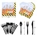 Construction Birthday Party Supplies (Serves 20) - Including Dump Truck Plates, Tablecloth, Cups, Napkins, Black Flatware and Pre-Assembled Happy Birthday Banner Decorations