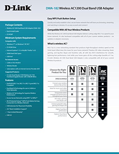 D-Link Wireless Dual Band AC1200 Mbps USB Wi-Fi Network Adapter (DWA-182)