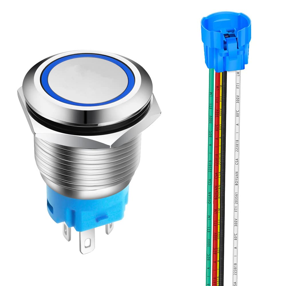 Gebildet 0.75 Inch/19mm Stainless Steel Momentary Push Button 12V-24V 5A LED 1NO1NC SPDT ON Off Waterproof with Wire Socket Plug (Blue LED)